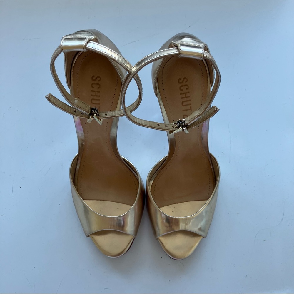 SCHUTZ metallic gold leather peep toe heels